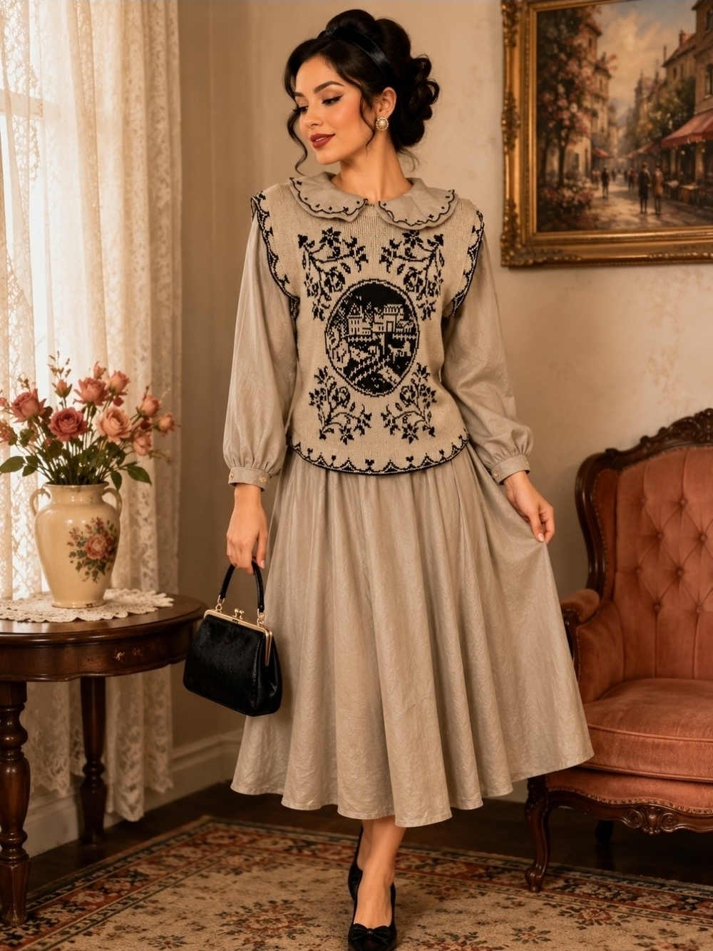 Vintage-Inspired Beige Embroidered Long-Sleeve Dress with Contrast Detail